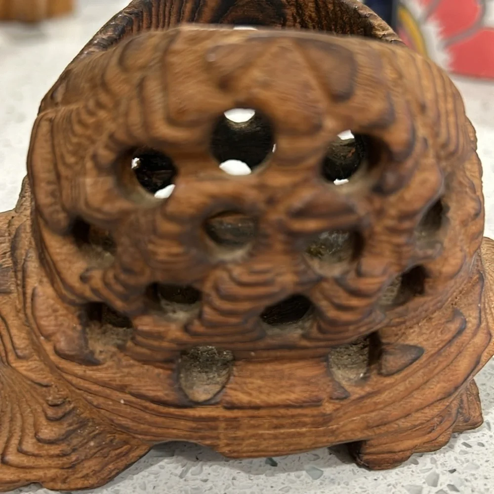 Vintage Hand Carved Wood Turtle Tea Light Holder Decor Shelf Sitter